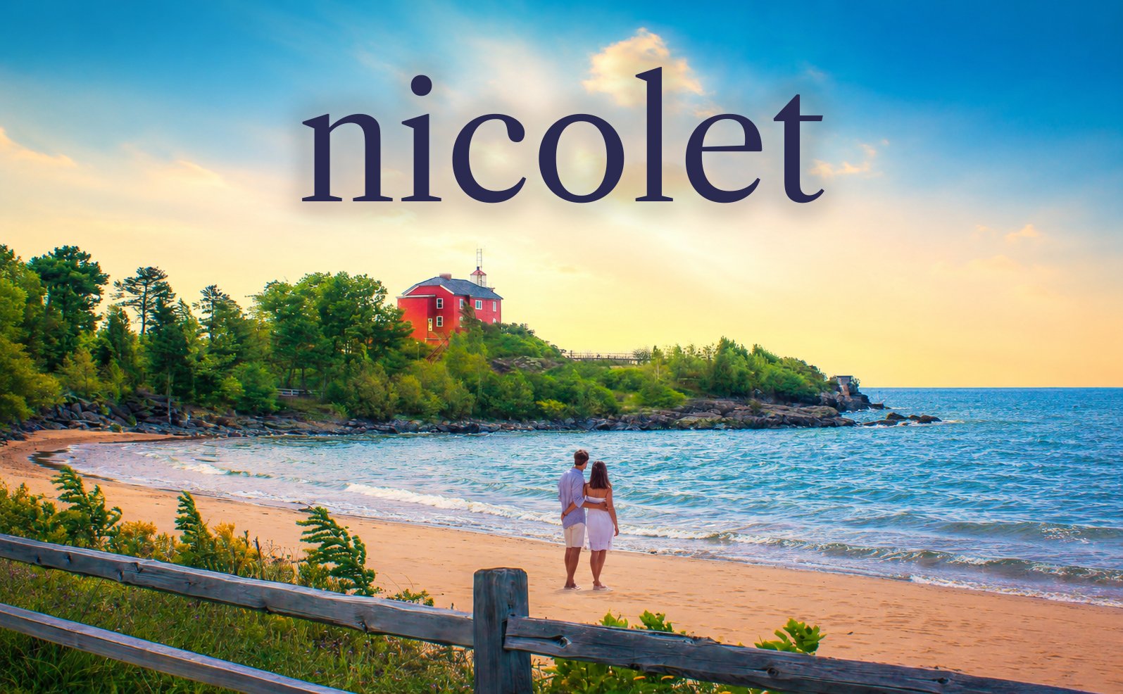 Nicolet Series by Charlotte Everhart: couple on a Lake Superior beach with a red lighthouse